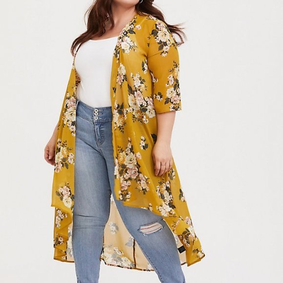 torrid Tops - Torrid Mustard Yellow Floral Chiffon Kimono